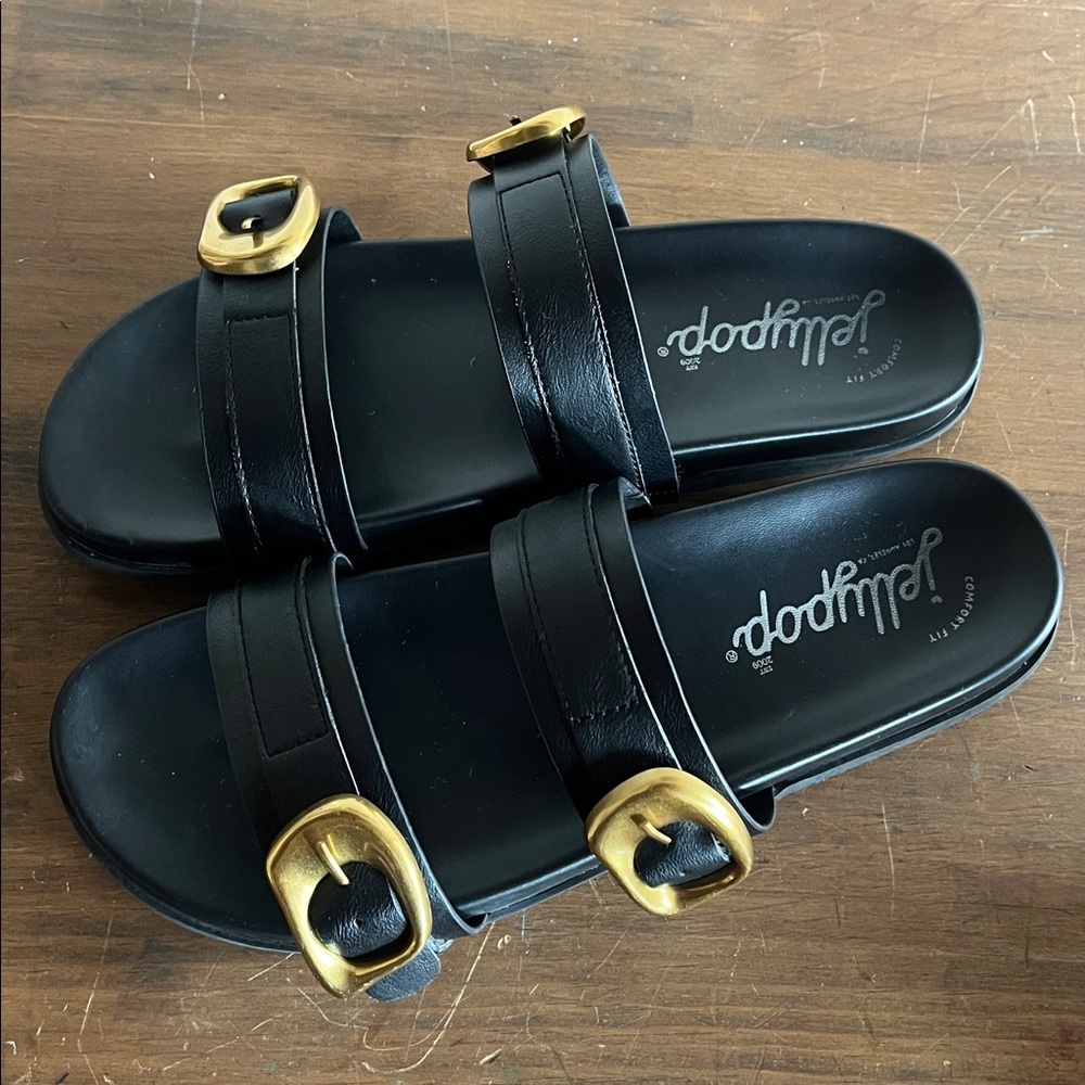 💫Jellypop brand Black Double-Strap Sandal Slides with Modern Gold Buckles💫 - Picture 5 of 9